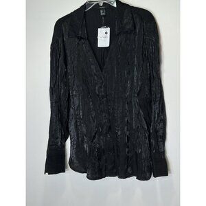 Forever 21 Long Sleeve Button Black Crinkle Slit Sides Women’s Size Large NWT